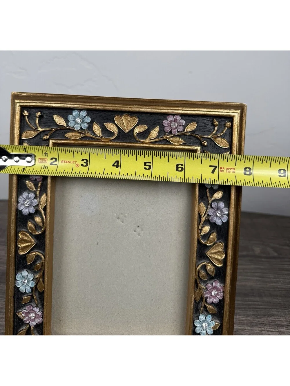 Vtg Floral Picture Frame Bejeweled Gold Black 4.5x6.5 Cottagecore Easel 10x8